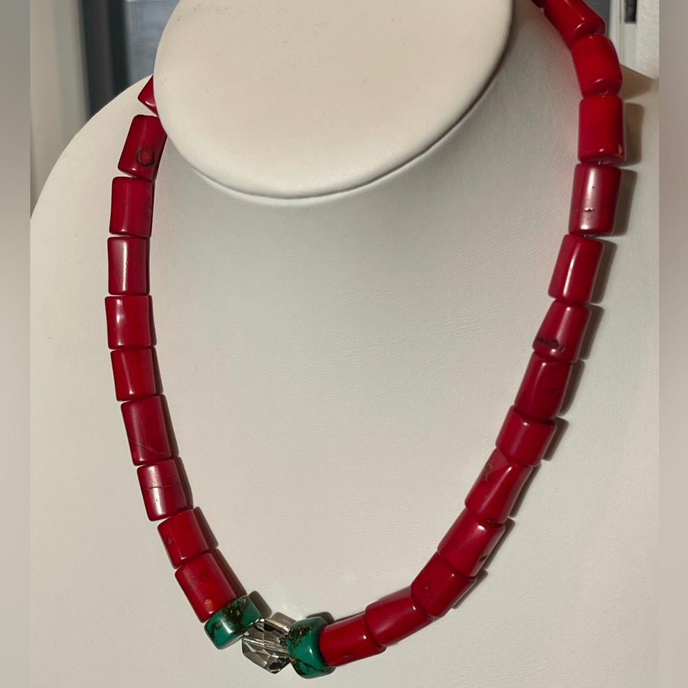 Bamboo Coral Dyed Red w/ 2 Turquoise Beads & Swarovski Crystal Focal Bead
